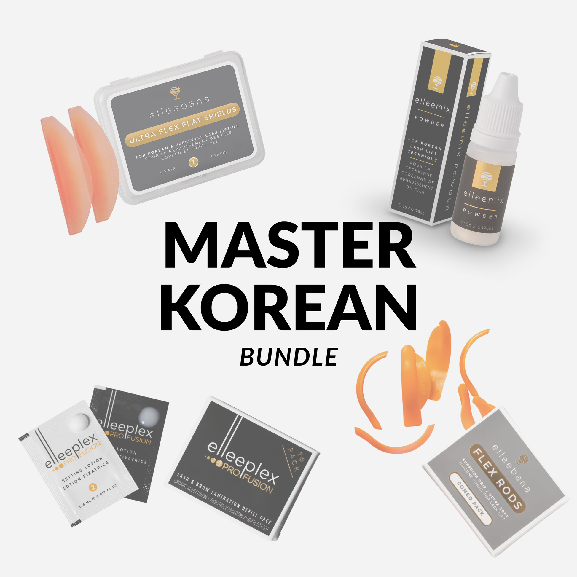 Korean Lash Lift Bundles displayed together, showcasing Ultra Flat Shields, Elleemix Powder, Elleeplex ProFusion lotion packs, flex rods, gold lifting tool, and lash care essentials.