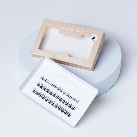 Lash It Out Pre-Glued Under-Lash Extensions Kit featuring 30 pre-glued cluster lashes in 10mm, 12mm, and 14mm lengths with a soft, crisscross design.