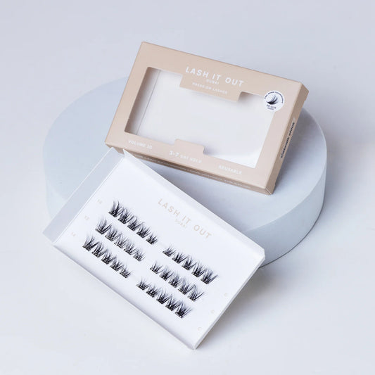 Lash It Out Pre-Glued Under-Lash Extensions Kit featuring 30 pre-glued cluster lashes in 10mm, 12mm, and 14mm lengths with a soft, crisscross design.