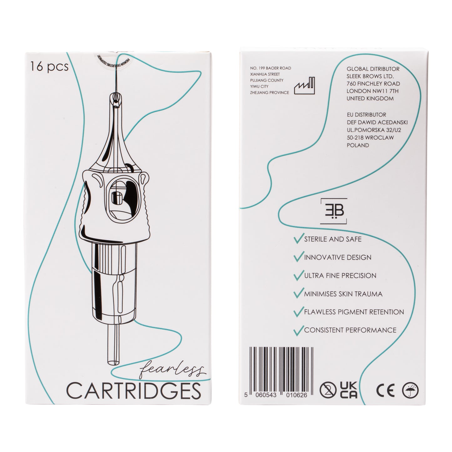 Pack of 16 sterile, precision-engineered universal PMU cartridges designed for high pigment retention, ultra-fine precision, and minimal skin trauma during permanent makeup procedures.