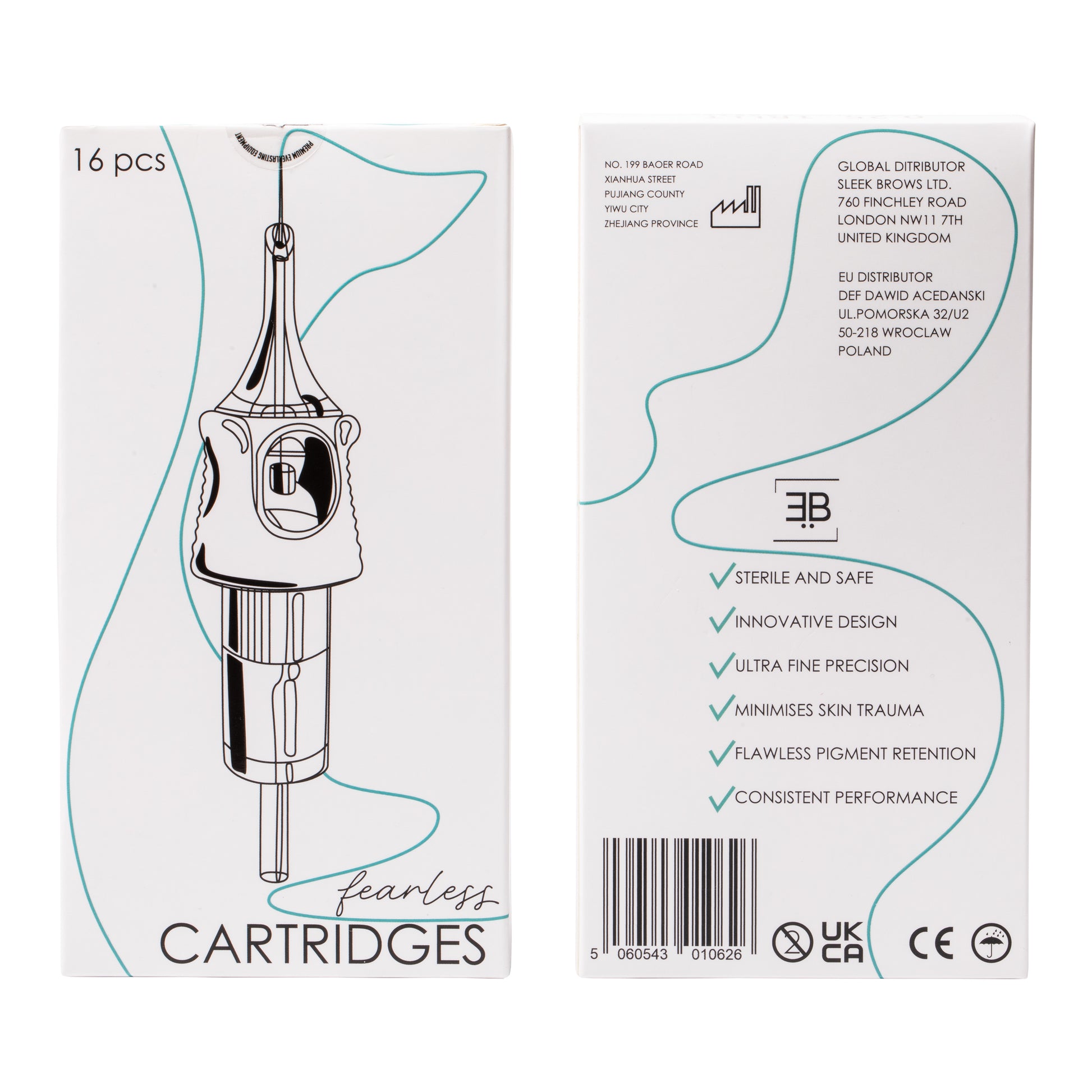 Pack of 16 sterile, precision-engineered universal PMU cartridges designed for high pigment retention, ultra-fine precision, and minimal skin trauma during permanent makeup procedures.