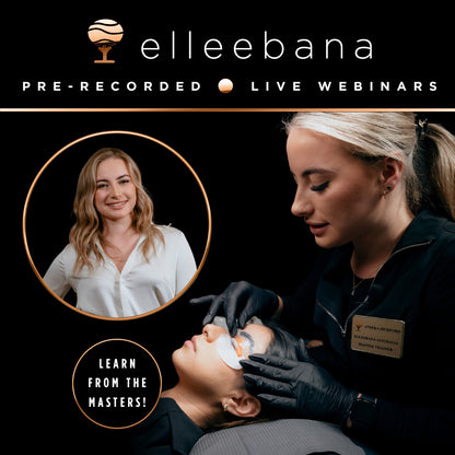 Promotional graphic for the Elleebana online webinar "Mastering Your Lash Assessment," presented by Master Trainer Anieka Mudford, covering flex and set checking, lash porosity, and tailored lifting techniques.