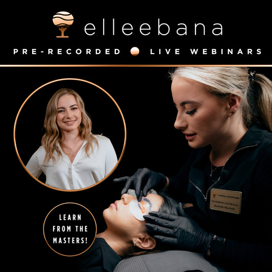 Promotional graphic for the Elleebana online webinar "Mastering Your Lash Assessment," presented by Master Trainer Anieka Mudford, covering flex and set checking, lash porosity, and tailored lifting techniques.