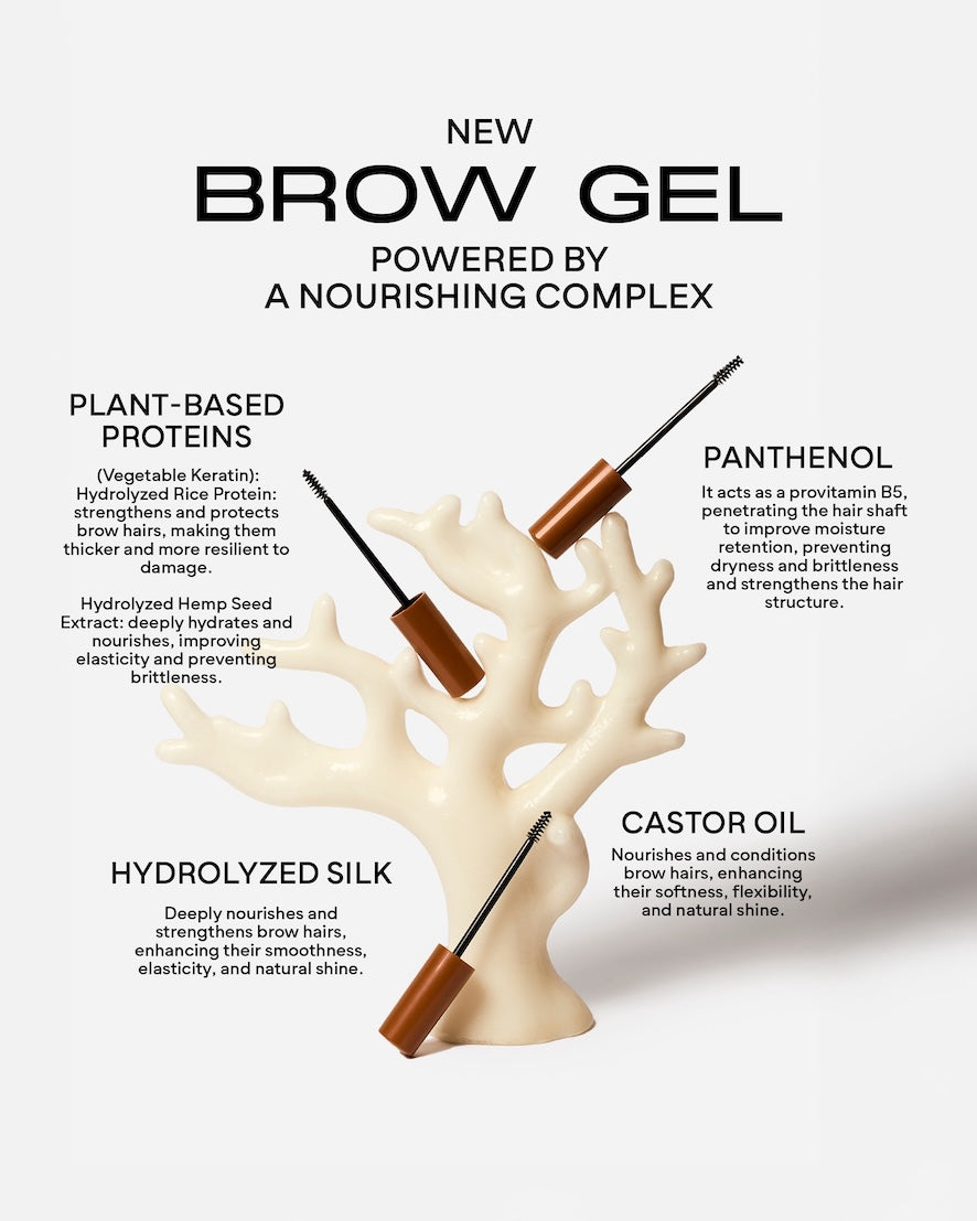 Compact 4ml clear brow gel tube with a black cap and precision spoolie applicator brush on a plain background.