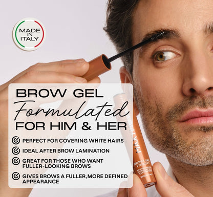 Compact 4ml clear brow gel tube with a black cap and precision spoolie applicator brush on a plain background.