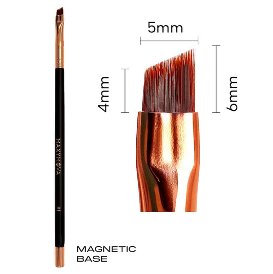 Fine angled synthetic beauty brush with a 5mm tip, wooden handle, brass ferrule, and a magnetic base.