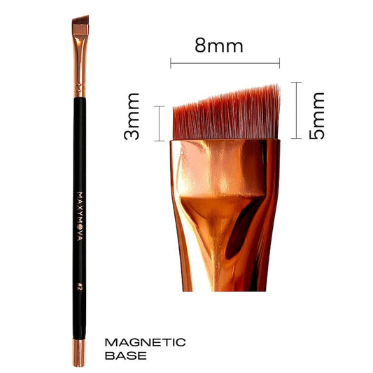 Wide angled synthetic beauty brush with a wooden handle, brass ferrule, and a magnetic base.