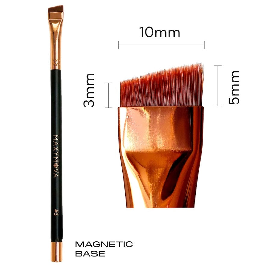 Short angled synthetic beauty brush with a wooden handle, brass ferrule, and a magnetic base.