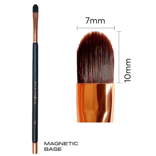 Rounded beauty brush featuring a wooden handle, brass ferrule, soft synthetic bristles, and a magnetic base.