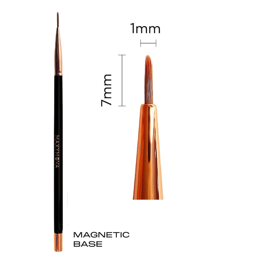 Fine detail beauty brush with a wooden handle, brass ferrule, ultra-narrow 1mm pointed tip, and a magnetic base.