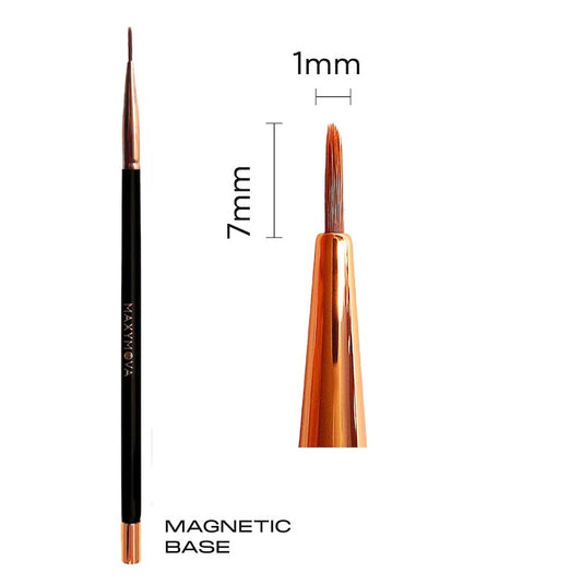Fine detail beauty brush with a wooden handle, brass ferrule, ultra-narrow 1mm pointed tip, and a magnetic base.