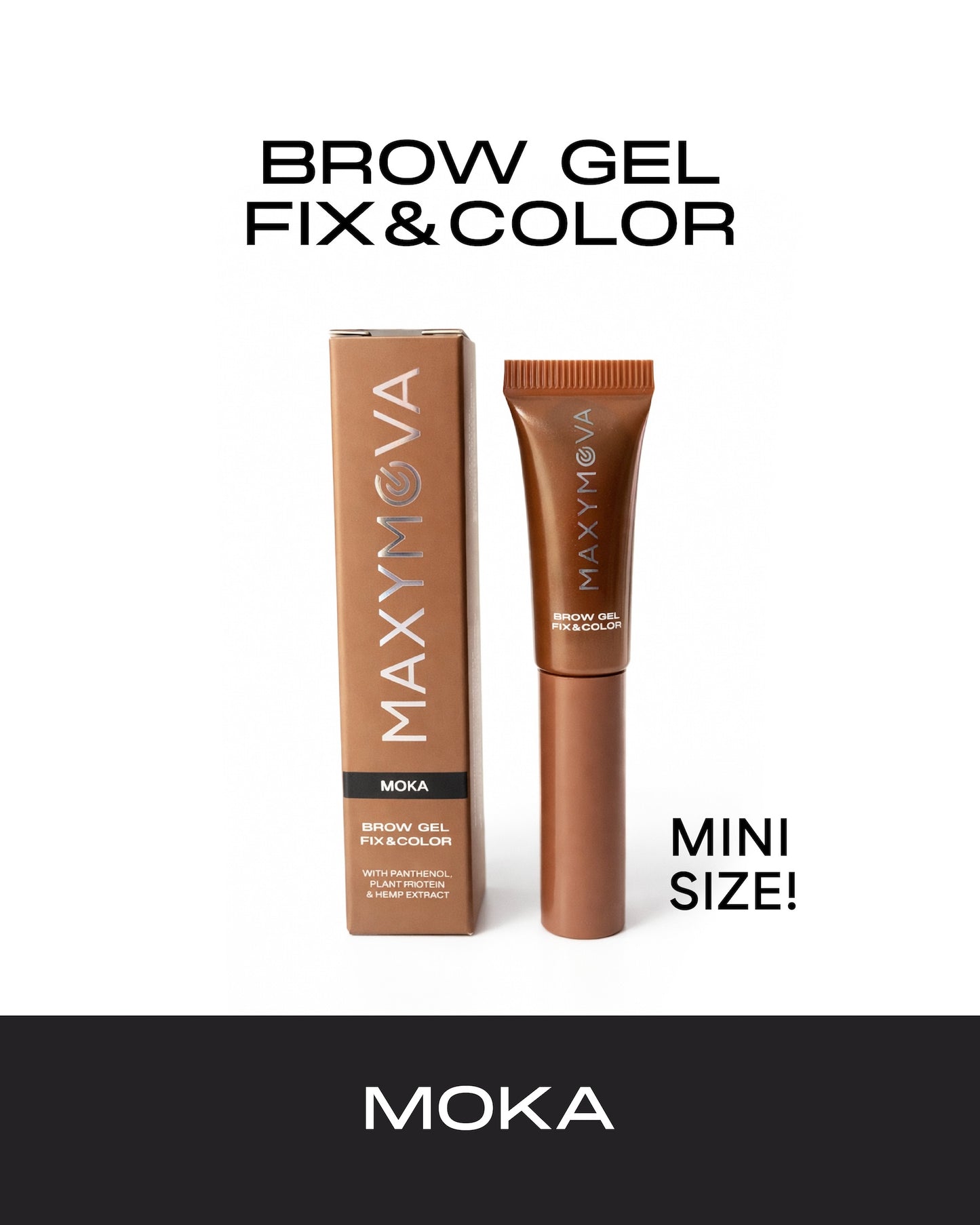 Compact 2.5ml clear brow gel tube with a black cap and precision mini spoolie applicator brush on a plain background.