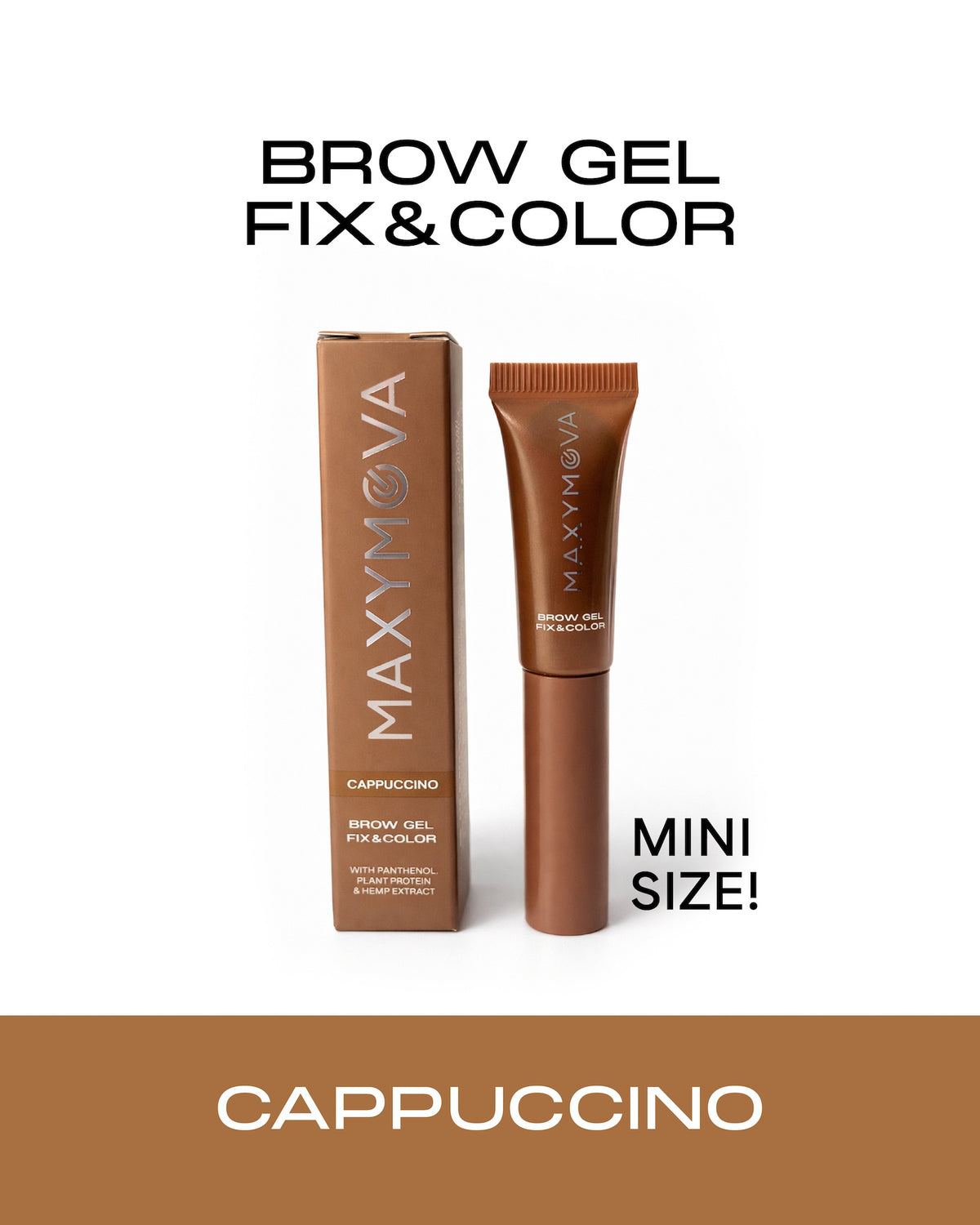 Compact 2.5ml clear brow gel tube with a black cap and precision mini spoolie applicator brush on a plain background.