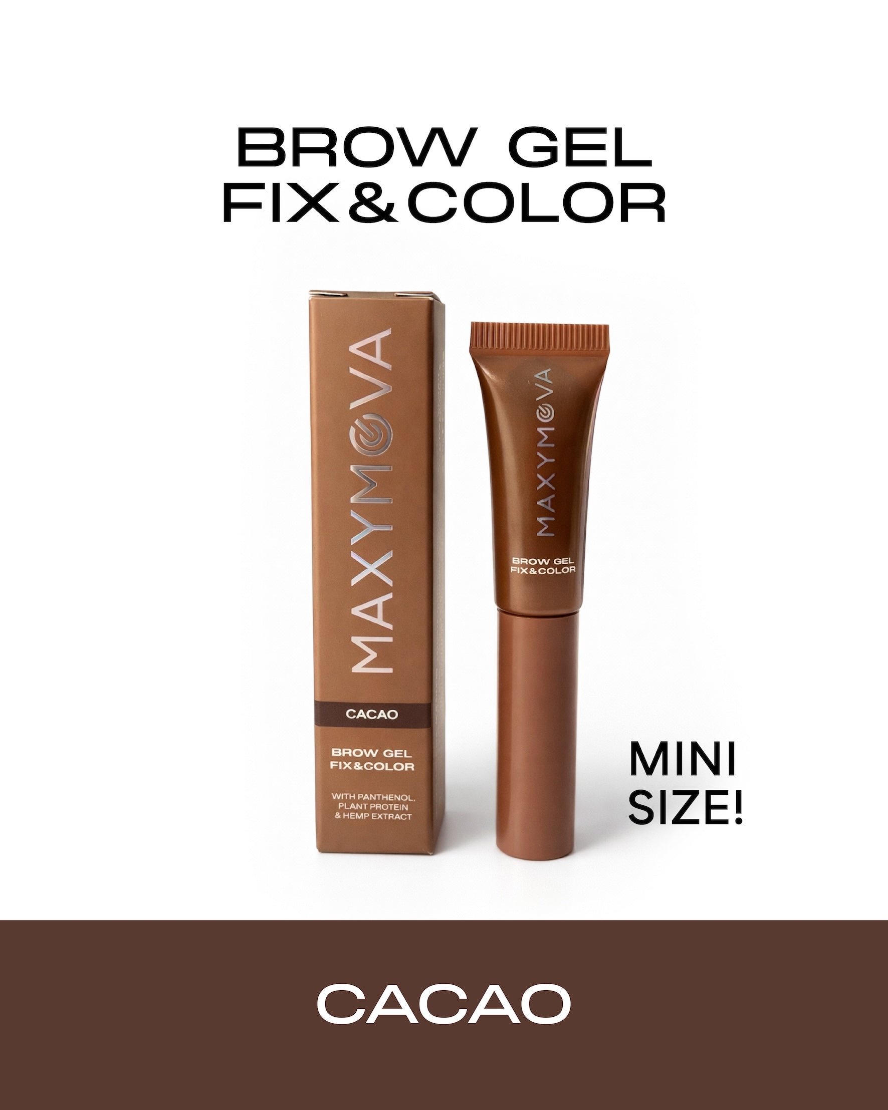 Compact 2.5ml clear brow gel tube with a black cap and precision mini spoolie applicator brush on a plain background.