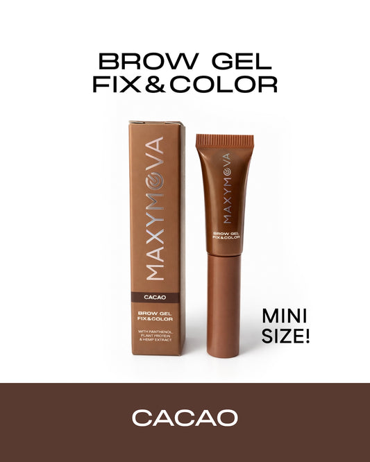 Compact 2.5ml clear brow gel tube with a black cap and precision mini spoolie applicator brush on a plain background.