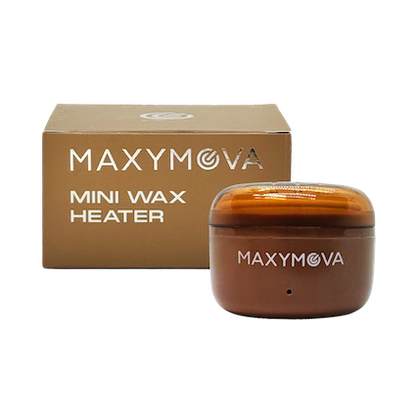 Compact white electric wax heater with a removable metal pot and lid, set on a plain studio background.