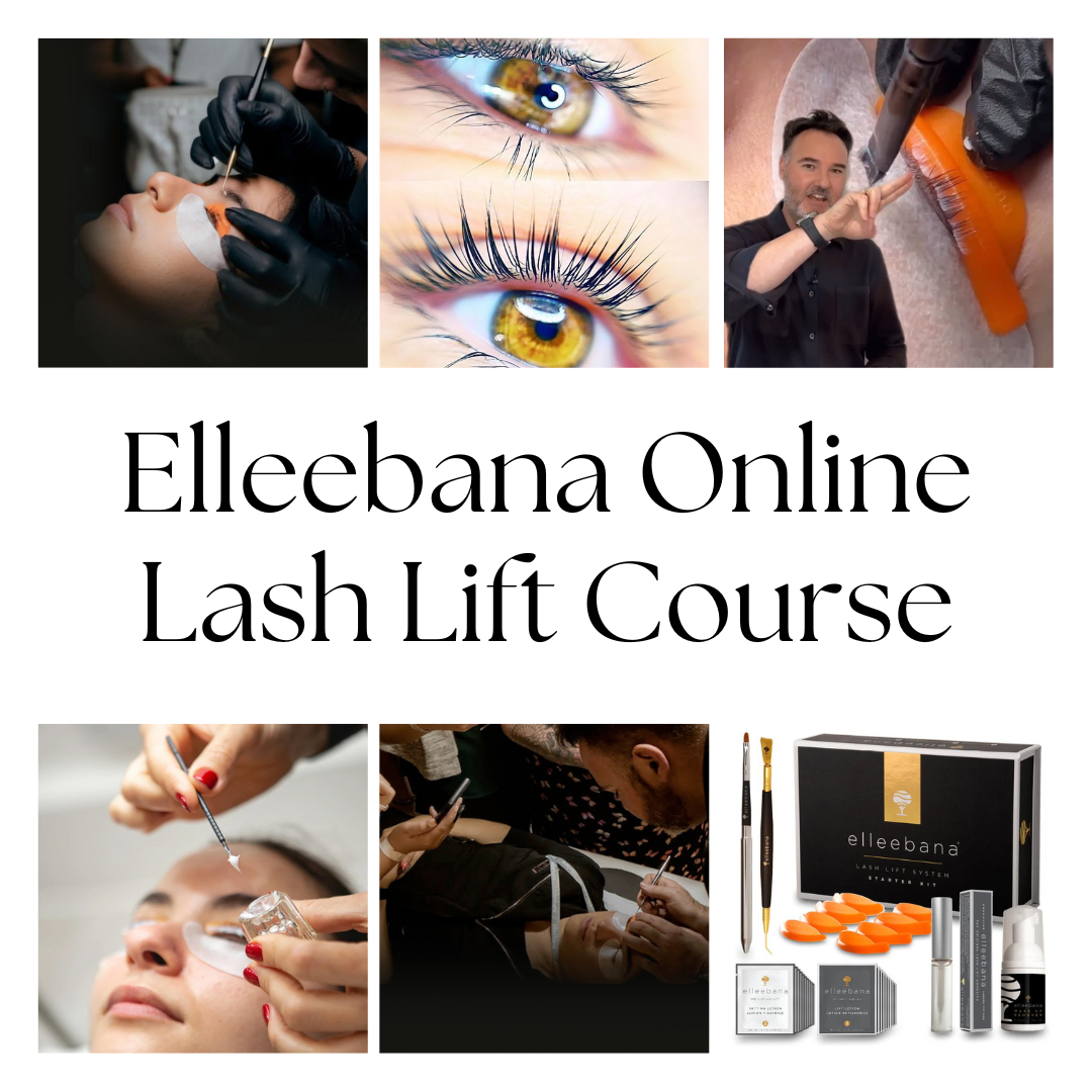 Promotional banner for the official online Elleebana Lash Lift Course displaying step-by-step application procedures, lash transformation results, instructor Otto Mitter, and the student kit.