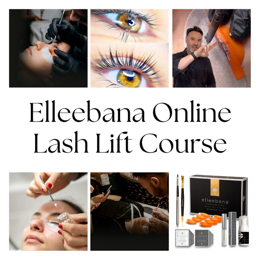 Promotional banner for the official online Elleebana Lash Lift Course displaying step-by-step application procedures, lash transformation results, instructor Otto Mitter, and the student kit.