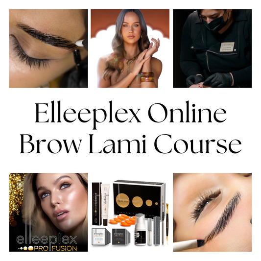 Online beginner training course package for Elleebana Elleeplex Profusion brow lamination, featuring step-by-step video modules, ongoing trainer support, a physical student manual, and a starter kit for up to 15 treatments.
