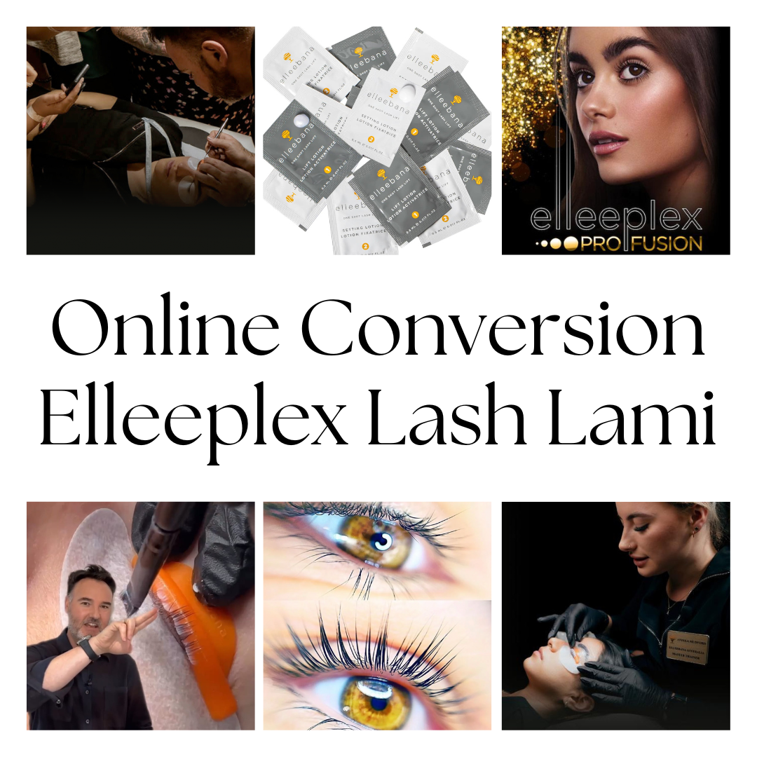 Online conversion training course package for experienced lash artists transitioning to Elleebana Elleeplex Profusion lash lamination, including 3-month course access, starter kit with 5-shot pack and adhesive, and official certificate upon case study review.
