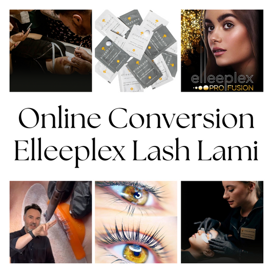 Online conversion training course package for experienced lash artists transitioning to Elleebana Elleeplex Profusion lash lamination, including 3-month course access, starter kit with 5-shot pack and adhesive, and official certificate upon case study review.