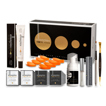 Online beginners training course package for Elleebana Elleeplex Profusion lash lamination, including step-by-step digital modules, a physical student manual, and a complete starter kit for up to 15 treatments.