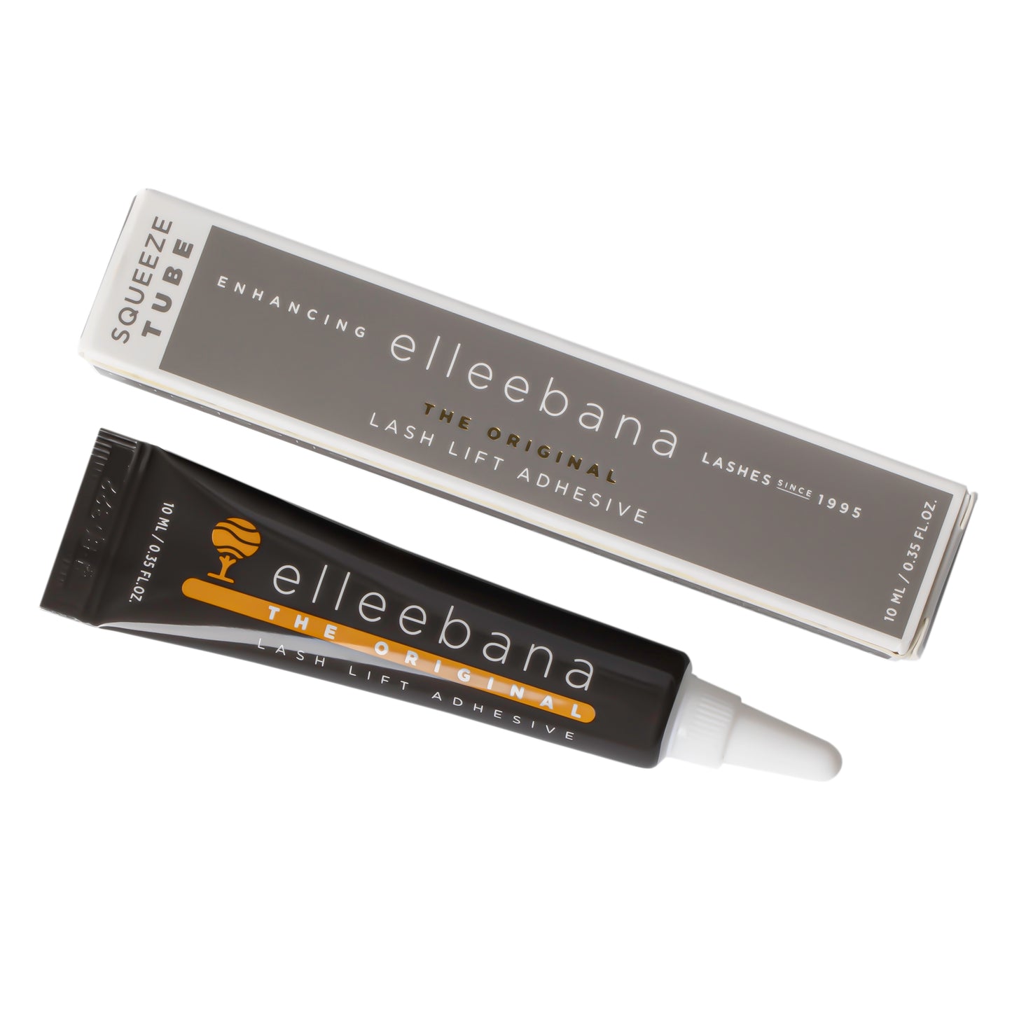 Flexible 10ml squeeze tube of clear original Elleebana lash lift adhesive with black cap on a plain studio background.