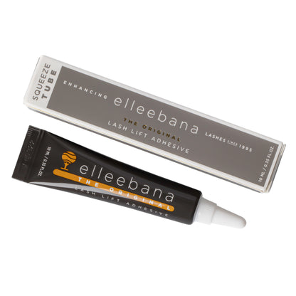 Flexible 10ml squeeze tube of clear original Elleebana lash lift adhesive with black cap on a plain studio background.