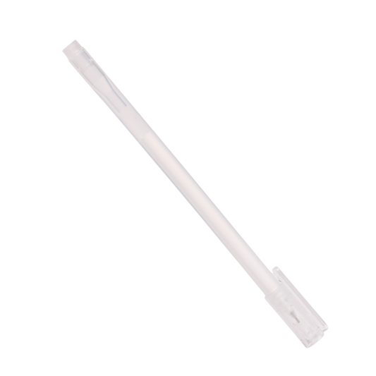 Fine-tip white gel pen creating clean, precise mapping lines on skin for eyebrow symmetry and shaping prep.