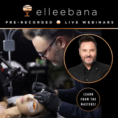 Promotional graphic for the Elleebana online webinar "The False Lift Paradox – How to Overcome It," presented by cosmetic chemist and Elleebana founder Otto Mitter, covering lash lift dropping, TGA vs Cysteamine formulas, and glue control methods.