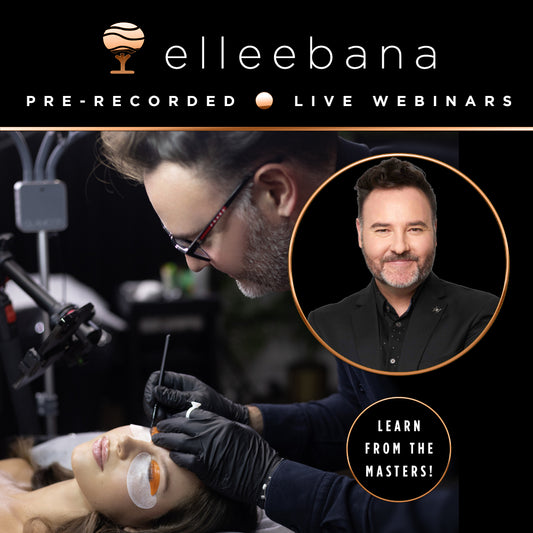 Promotional graphic for the Elleebana online webinar "The False Lift Paradox – How to Overcome It," presented by cosmetic chemist and Elleebana founder Otto Mitter, covering lash lift dropping, TGA vs Cysteamine formulas, and glue control methods.