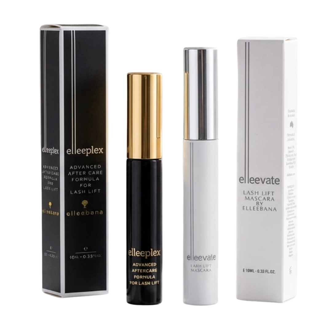 Retail duo set featuring a tube of Elleevate Lash Lift Mascara alongside a tube of Elleeplex Advanced Aftercare Serum on a clean background.