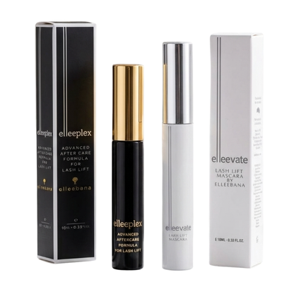 Retail duo set featuring a tube of Elleevate Lash Lift Mascara alongside a tube of Elleeplex Advanced Aftercare Serum on a clean background.