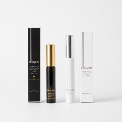 Retail duo set featuring a tube of Elleevate Lash Lift Mascara alongside a tube of Elleeplex Advanced Aftercare Serum on a clean background.