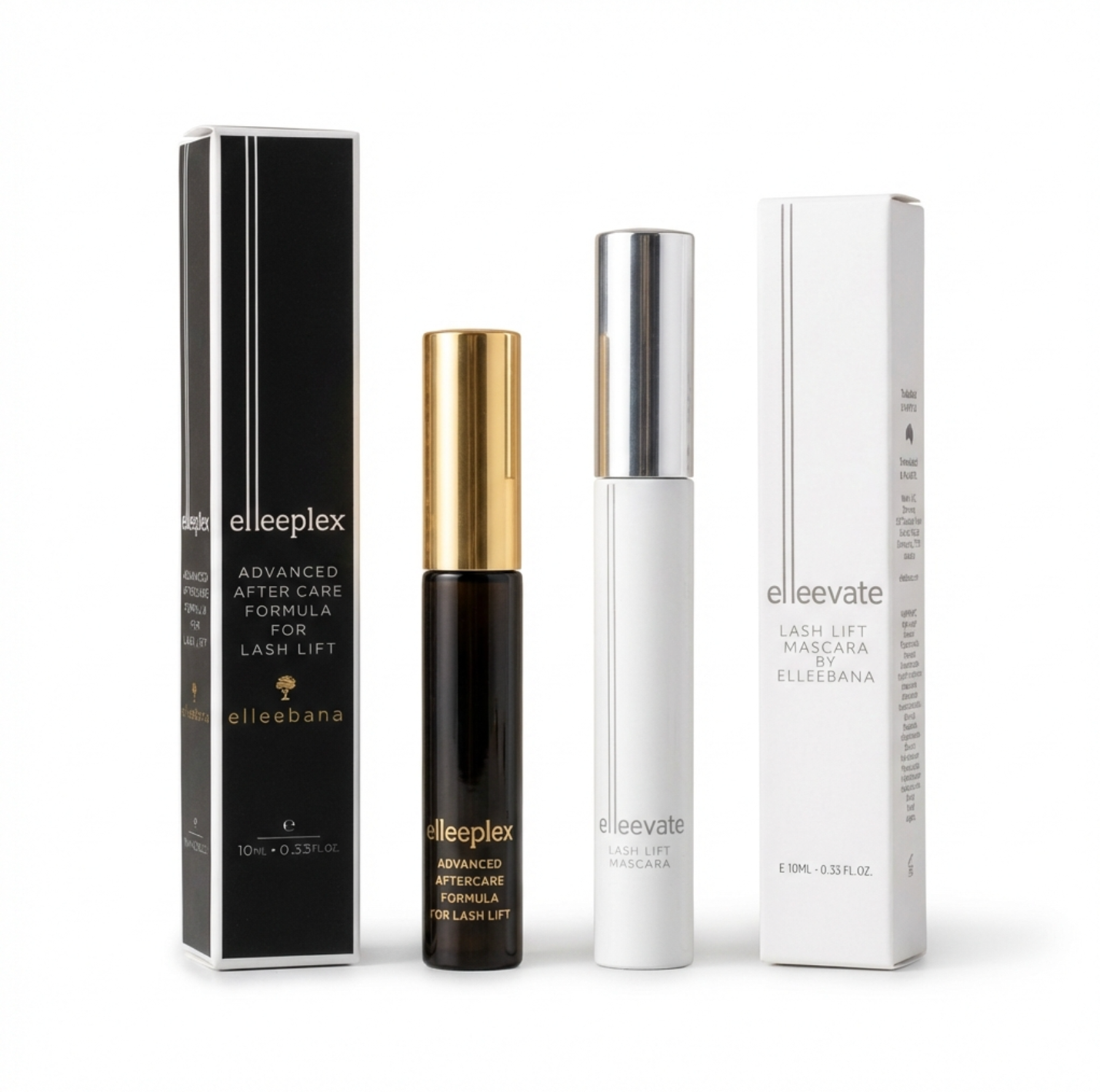 Retail duo set featuring a tube of Elleevate Lash Lift Mascara alongside a tube of Elleeplex Advanced Aftercare Serum on a clean background.