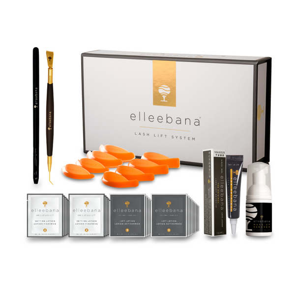 Upgraded Elleebana Lash Lift Kit featuring Flex Rods, squeeze glue, and the gold precision isolation tool.