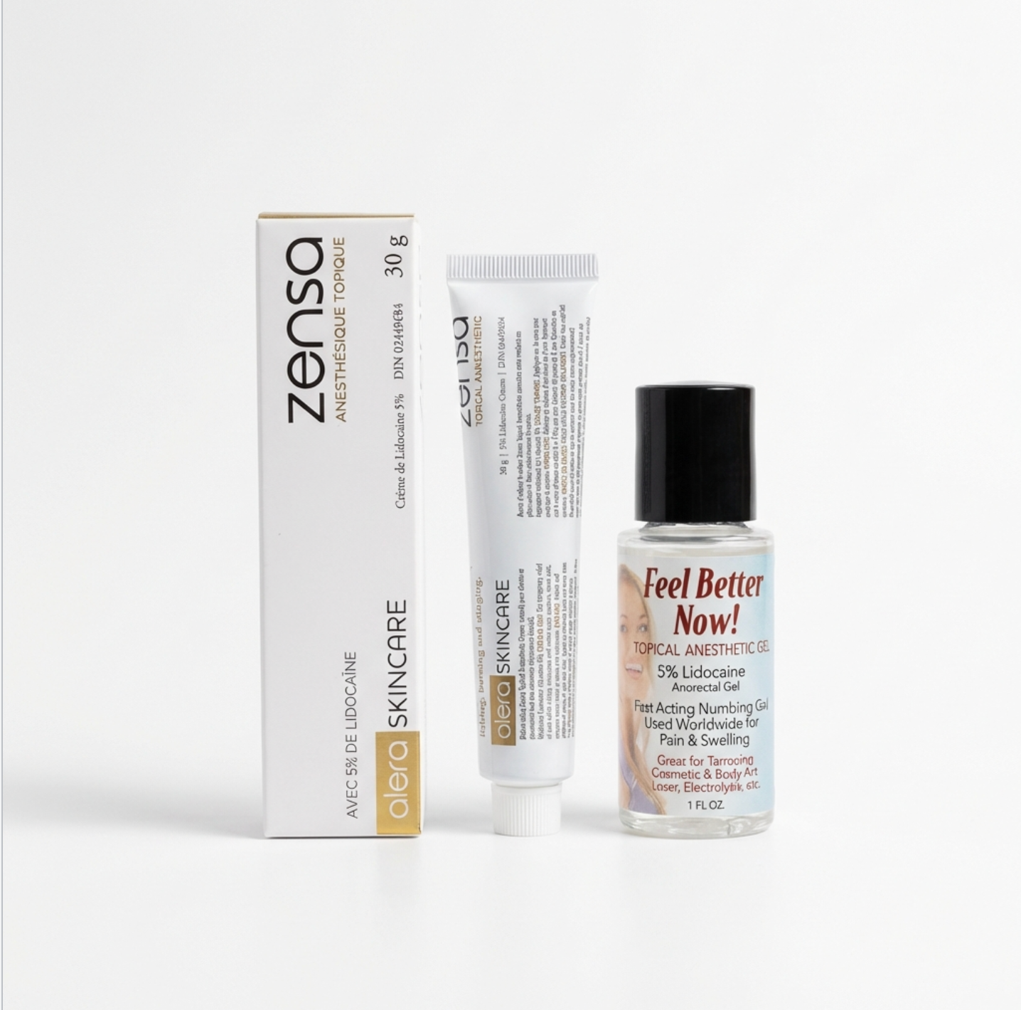Professional numbing bundle featuring 30g Zensa 5% Lidocaine Numbing Cream and 29g Feel Better Gel, designed for pre-procedure and mid-procedure pain relief during PMU, microblading, and cosmetic treatments.