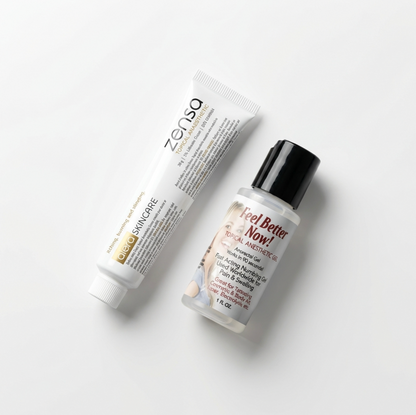 Professional numbing bundle featuring 30g Zensa 5% Lidocaine Numbing Cream and 29g Feel Better Gel, designed for pre-procedure and mid-procedure pain relief during PMU, microblading, and cosmetic treatments.