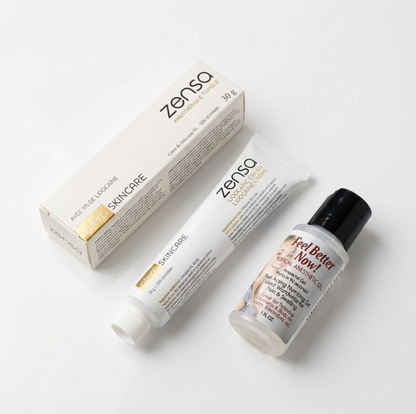 Professional numbing bundle featuring 30g Zensa 5% Lidocaine Numbing Cream and 29g Feel Better Gel, designed for pre-procedure and mid-procedure pain relief during PMU, microblading, and cosmetic treatments.