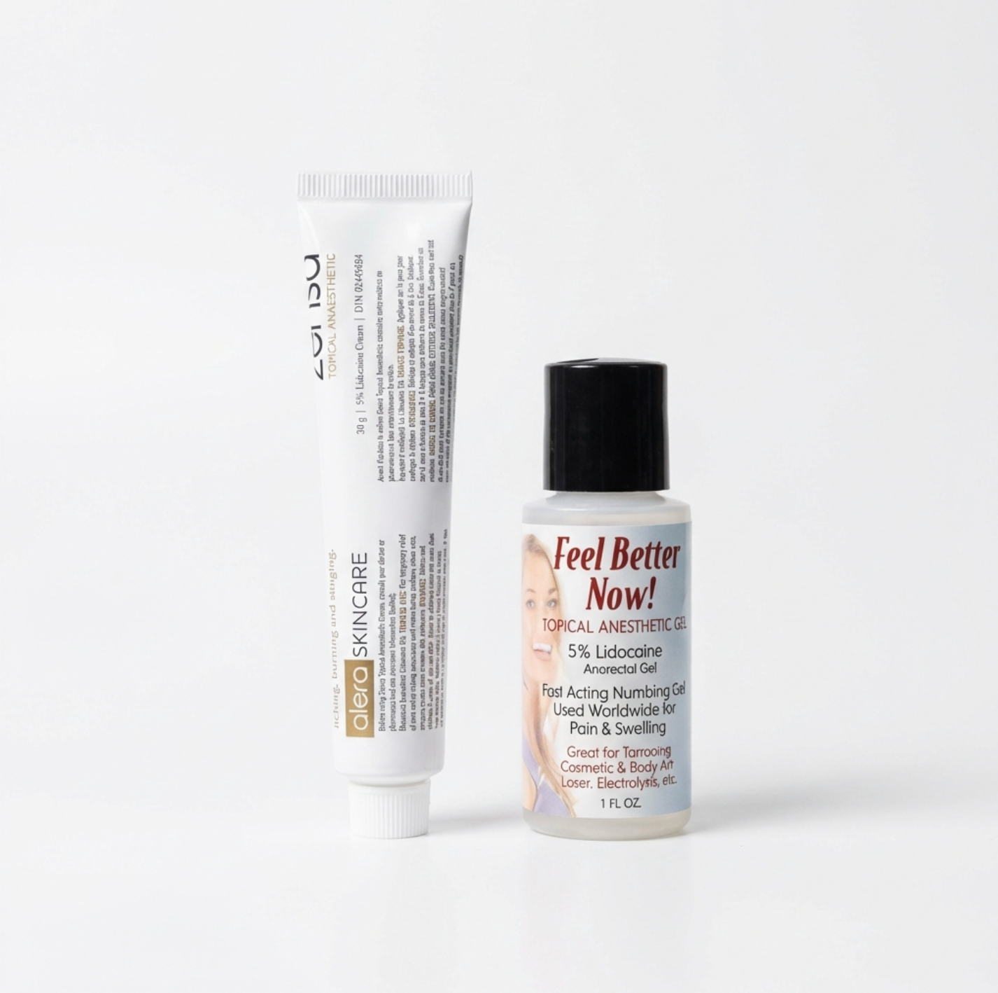 Professional numbing bundle featuring 30g Zensa 5% Lidocaine Numbing Cream and 29g Feel Better Gel, designed for pre-procedure and mid-procedure pain relief during PMU, microblading, and cosmetic treatments.