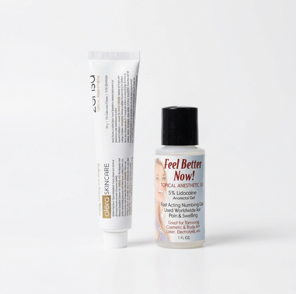 Professional numbing bundle featuring 30g Zensa 5% Lidocaine Numbing Cream and 29g Feel Better Gel, designed for pre-procedure and mid-procedure pain relief during PMU, microblading, and cosmetic treatments.