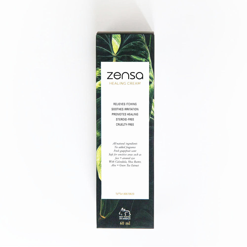 Clean white Zensa Healing Balm packaging shown in both a 60ml squeeze tube and a 5ml single-use sachet format.