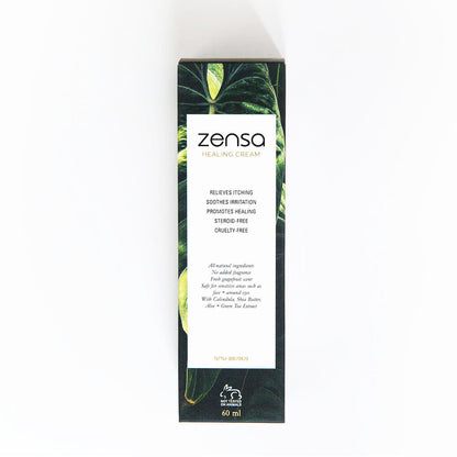 Clean white Zensa Healing Balm packaging shown in both a 60ml squeeze tube and a 5ml single-use sachet format.