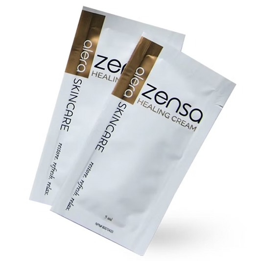 Clean white Zensa Healing Balm packaging shown in both a 60ml squeeze tube and a 5ml single-use sachet format.
