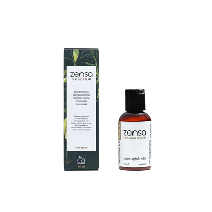 Clean white Zensa Healing Balm packaging shown in both a 60ml squeeze tube and a 5ml single-use sachet format.