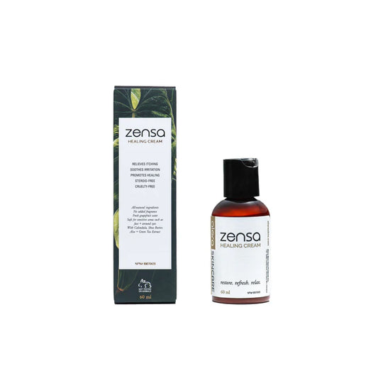 Clean white Zensa Healing Balm packaging shown in both a 60ml squeeze tube and a 5ml single-use sachet format.