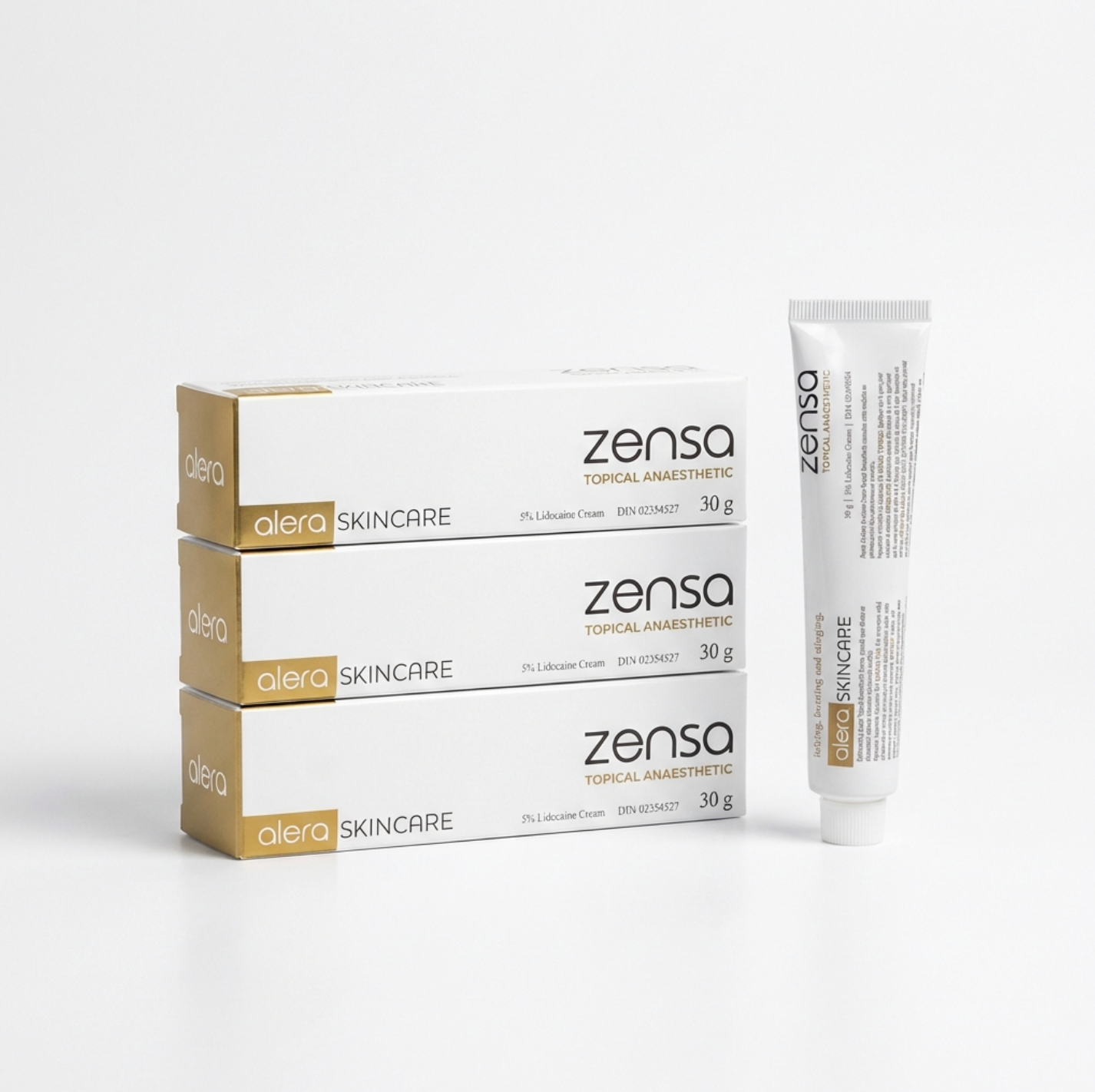 3-pack bundle of 30g Zensa 5% Lidocaine pre-procedure topical numbing cream tubes, formulated to minimize discomfort for permanent makeup, microblading, and tattooing without restricting blood flow.