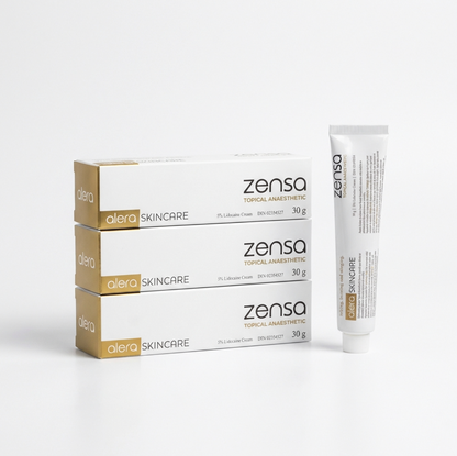 3-pack bundle of 30g Zensa 5% Lidocaine pre-procedure topical numbing cream tubes, formulated to minimize discomfort for permanent makeup, microblading, and tattooing without restricting blood flow.