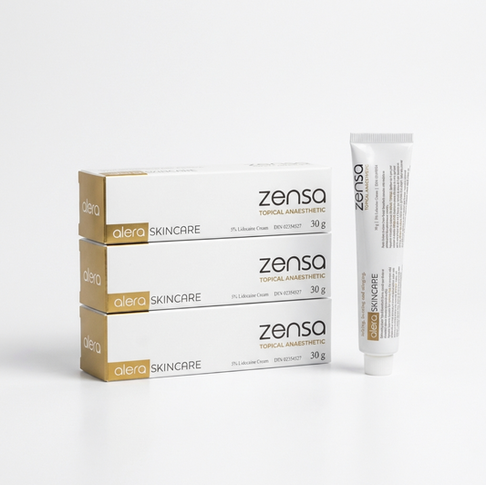 3-pack bundle of 30g Zensa 5% Lidocaine pre-procedure topical numbing cream tubes, formulated to minimize discomfort for permanent makeup, microblading, and tattooing without restricting blood flow.