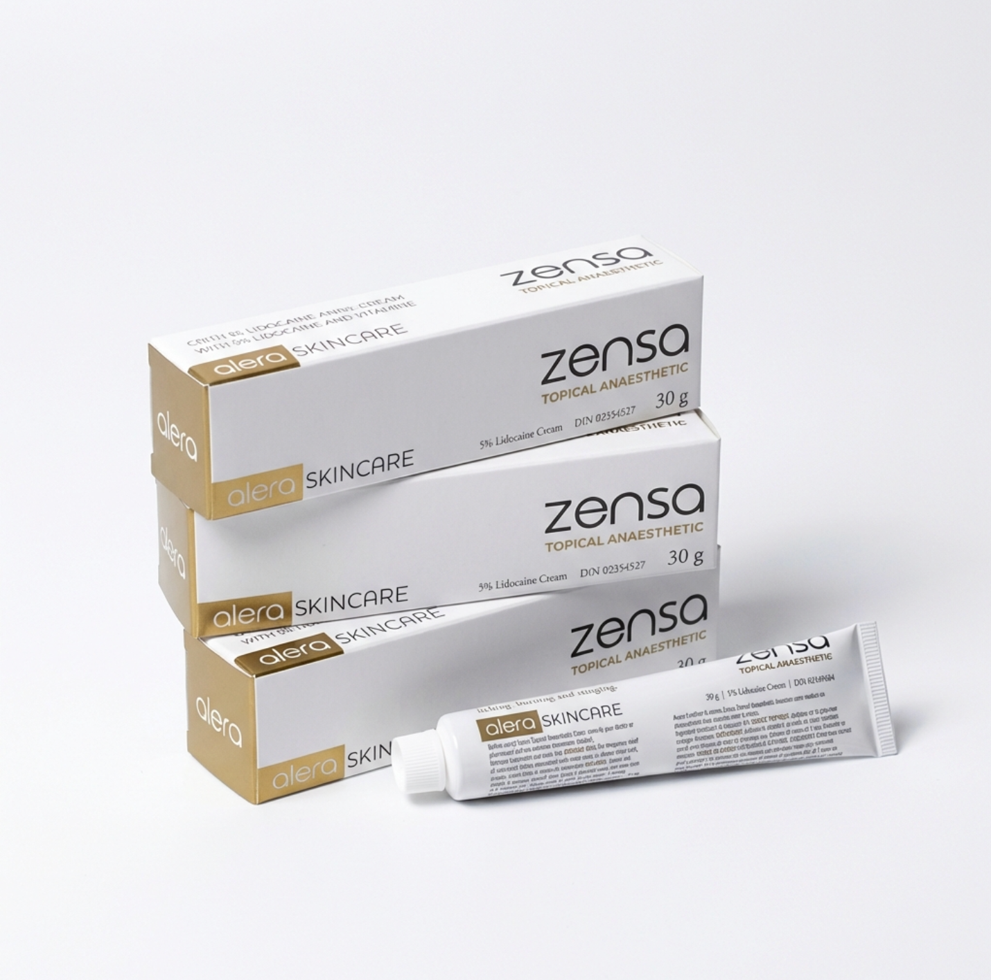 3-pack bundle of 30g Zensa 5% Lidocaine pre-procedure topical numbing cream tubes, formulated to minimize discomfort for permanent makeup, microblading, and tattooing without restricting blood flow.